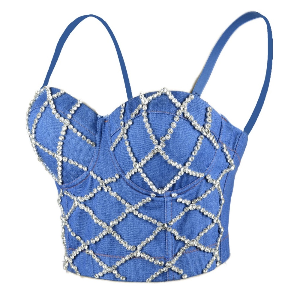 NWOT Rhinestone Denim Corset Top – Sexy Bustier Camisole, Club/Stagewear, Small